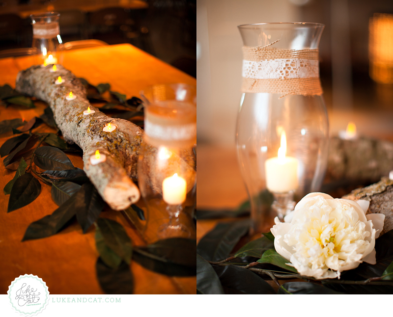 log wedding centerpieces burlap lace hurricane centerpiece